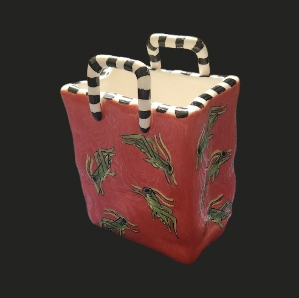 Patricia Dupont 1998 Handpainted Red Ceramic Tote Vase Green Grasshopper Motif